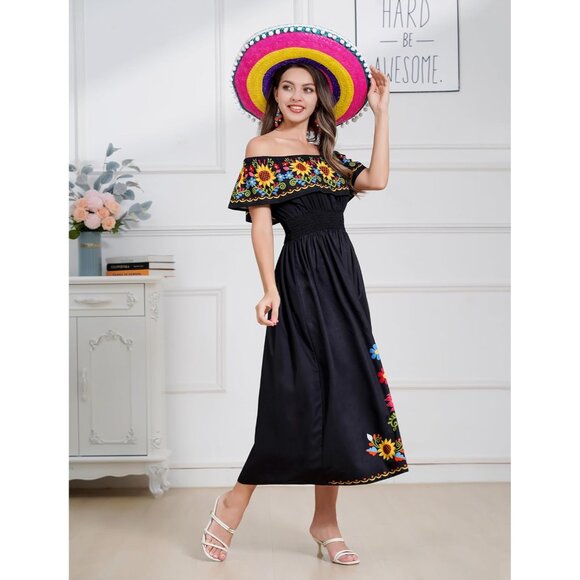 Off Shoulder Mexican Dress Floral Sunflower Fiesta Maxi Casual for Women - Picture 3 of 6